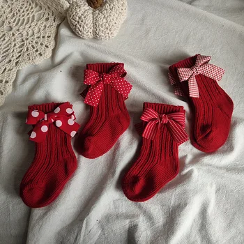 0-8Y Kızlar diz üstü çorap Yay ile %100 % Pamuk Sıcak Kırmızı Çorap Kızlar için Küçük Kız Çorap Noel Çorap Çocuk Çorap Kızlar