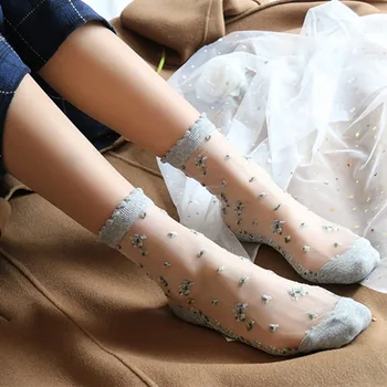 1 Çift Nefes Ultra İnce Çorap Yaz Kadın Şeffaf Dantel İpek Kristal Gül Çiçek Kız Elastik Kısa Çorap Kadın Sox