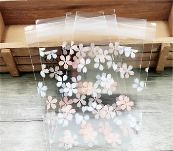 100 adet pembe beyaz Kiraz çiçekleri Çerez Ambalaj Poşetleri kendinden yapışkanlı mühür küçük viyolonsel çanta hediye parti favor paketi