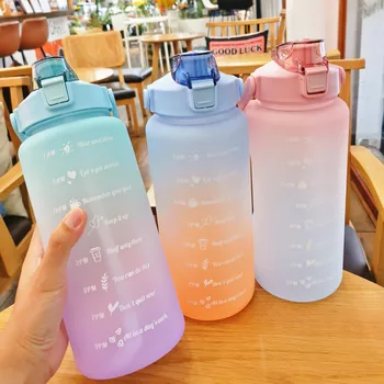 2 L Su Şişesi Kızlar Motivasyon Su Şişesi Saman Fincan Sızdırmaz BPA Buzlu Fincan Zaman Ölçeği Açık Spor Su Şişeleri