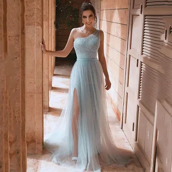 2022 Bir Omuz Nane Yeni Akşam Elbiseler Zarif Tül Balo Parti Uzun Yarık Femme İle Bir Çizgi Elbise Vestidos Resmi De Fiesta
