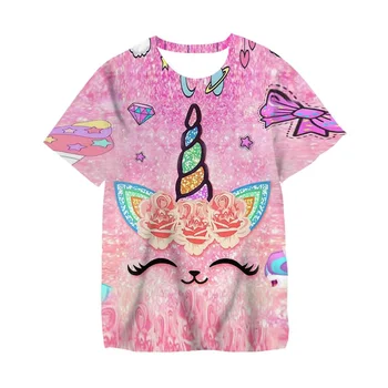 2022 Unicorn Kız T-shirt Yaz Çocuk Karikatür T-shirt Çocuklar Polyester Üst T-shirt için Uygun Sevimli Kız T-shirt 3-14t