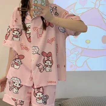 2022 Yeni Kawaii Sanrios T-Shirt Kuromi Benim Melodi Cinnamoroll Karikatür Kız Kalp Baskı Yaz Pijama Gecelik Seti Hediye kızlar için