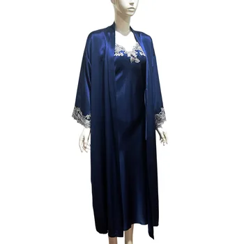 2022 Yeni Pijama Dut İpek İpek 19mm uzun elbise Pijama Mavi Seksi Dantel Çok Parçalı Ev Takım Elbise Bornoz Setleri İpek Elbiseler kadınlar için