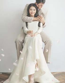 2022 Yeni Tasarım Kore Tarzı Kare Boyun 3/4 Uzun Kollu düğün elbisesi Saten Basit Düz Mermaid gelin kıyafeti Vestidos De Novia