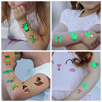 28 Çeşit Tek Kullanımlık Geçici Dövmeler Aydınlık Çocuk Sevimli Araba Hayvan Sticker Su Geçirmez Sahte Dövme Glow Sticker Makyaj Malzemeleri