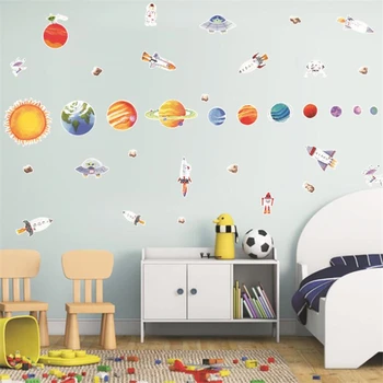3d Karikatür Uzay gezegen duvar çıkartmaları çocuk odası için graffiti kapı çıkartmaları oturma odası yatak odası duvar dekorasyon sanatsal fresk
