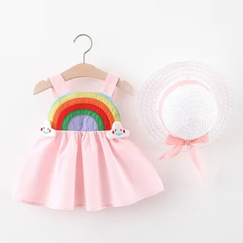 6 9 12 18 24 Ay Bebek Kız Elbise 2022 Yeni Yaz Gökkuşağı Kaşkorse Hasır Şapka Yenidoğan Prenses Elbise Parti Hediye Çocuk Giysileri