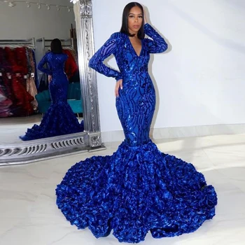 Afrika Amerikan Mermaid Balo Elbise 2023 Yeni Yaz Pullu Abiye Kraliyet Mavi Tam Kollu 3 D Çiçek Robe De Mariée