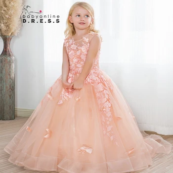 BABYONLİNE Pembe Çiçek Kız Elbise Tül Etek Yay Prenses Düğün Parti Elbiseler Zarif Çocuk Nedime Communion Elbise فستان