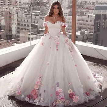 Balo Gelinlik 2022 Sevgiliye Kapalı Omuz 3D Çiçek Gelin Elbise Sweep Tren Artı Boyutu robe de soirée de mariage