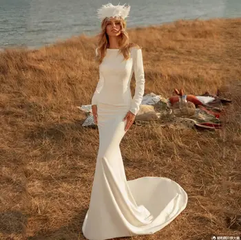 Basit Uzun Kollu Mermaid Gelin Elbise 2021 Backless Süpürme Zarif Düğün Elbise Saten Custom Made Robe De Mariee Özelleştirmek