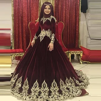 Bordo Kadife Altın Aplike Müslüman Gelinlik Zarif Uzun Kollu Arapça İslam Örgün Gelin Elbise