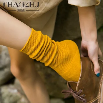 CHAOZHU Japon Kore Lise Kızlar Yüksek Çorap Gevşek Katı Renkler Çift İğneler Örgü Pamuk Uzun Çorap Kadınlar İçin