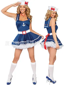 Denizci Kostümleri cosplay Kadın Üniforma Cadılar Bayramı Rol Oynamak Mavi Lacivert elbiseler Parti Kısa clubdress süslü elbise JY152