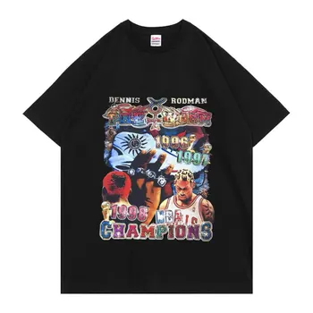 Dennis Rodman Şampiyonlar Desen baskı t-shirt Saf pamuk T Shirt Avrupa Amerika Moda Sokak Tees Erkekler Kadınlar Hip Hop T-shirt