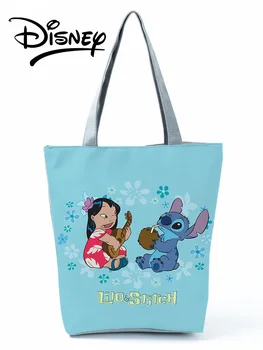 Disney Lilo Dikiş Çanta Yüksek Kapasiteli Tote Kız Sevimli Karikatür omuzdan askili çanta Mavi Kadınlar Kullanımlık Alışveriş Çantası Seyahat Plaj Çantası