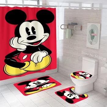 Disney Mickey Minnie Mouse Baskı Duş Perdesi Halı Siyah ve Beyaz Tuvalet Kapağı Banyo Paspas Halı Pedi Seti Banyo noel hediyesi