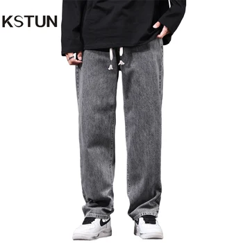 Dökümlü pantolon Erkek Kot Geniş Bacak Gevşek Fit Gri Streetwear İpli Rahat Uzun Pantolon Kot Pantolon erkek giyim Hip Hop