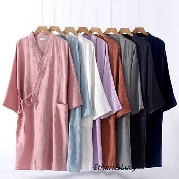 Dört Mevsim Pamuk Elbiseler Çiftler için Düz Renk Gecelik Erkekler ve Kadınlar Orta uzunlukta Kimono Bornoz Ev Gece Elbisesi