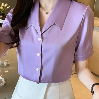 Düz Renk Butonuna büyük Boy Şifon Gömlek 2022 Yaz Rahat Üstleri Gevşek Gidip Kadın Giyim Bluz moda Yaka Yeni 