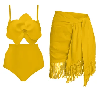 Düz Renk Üç Boyutlu Çiçek Bikini İki Parçalı Yüksek Belli Kesim Sling Mayo Kadın Moda Backless Beachwear Şınav