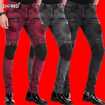 EH * MD ® Deri Diz Kot erkek Rendelenmiş Fermuarlı Cebi Pamuk Yüksek Streç Sıska kalem pantolon Nefes İnce Rahat 2020