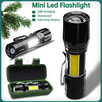El feneri dahili pil Mini LED Zoom odak Torch lambası şarj edilebilir USB fener ayarlanabilir su geçirmez açık kamp ışık