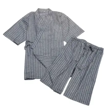 Erkek kısa Kimono Pamuk yumuşak ve rahat yaz çizgili bornoz pijama takımı