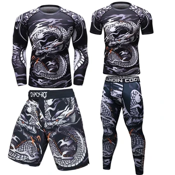 Erkekler Rashguard Jiu Jitsu T Shirt Setleri Spor MMA Boks T gömlek+Pantolon Spor Bjj Gi Muay Thai Şort Kickboks Spor Fightwear