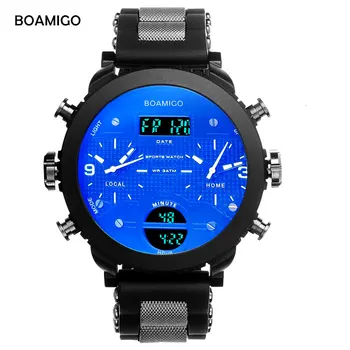 erkekler spor saatler BOAMIGO marka erkekler saatler 3 saat dilimi kauçuk LED dijital saat askeri kuvars saatı hediye kutusu F905
