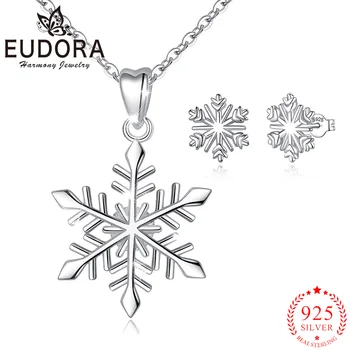 Eudora 925 Ayar Gümüş Kar Tanesi Saplama Küpe Basit Kolye Moda Zarif Kolye takı seti kadın Parti Hediyeler