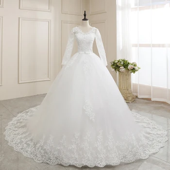 Ezkuntza Tam Kollu düğün elbisesi Dantel Prenses 2022 Nakış Uzun Tren gelinlik V Boyun Zarif Artı Boyutu