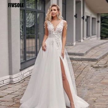 Fvisole Vintage V Yaka düğün elbisesi 2022 Yüksek Yan Bölünmüş Dantel Aplikler Tül gelinlikler Plaj Boho Artı Boyutu gelinlik