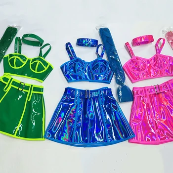 Gece kulübü Gogo Dans Performansı Giyim Örgü Peruk Floresan Renkli Lazer Kpop Sahne Kıyafeti Sürükle Kraliçe Kostümleri VDB5760