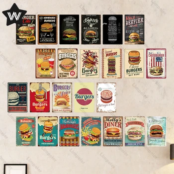 Hamburger Vintage Plaka Metal Tabela Hot Dog reklam plakası Man Cave için Mutfak Dekorasyon için Fast Food Dükkanı Duvar Sticker