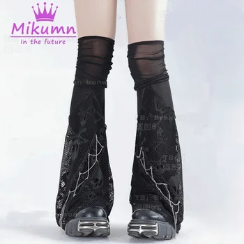 Harajuku Dantel Örgü Zincir Diz Yüksek Bacak Isıtıcıları Çorap Kadın Kızlar Punk Rock Streetwear Bacak Siyah Kafatası Kapak Gotik 