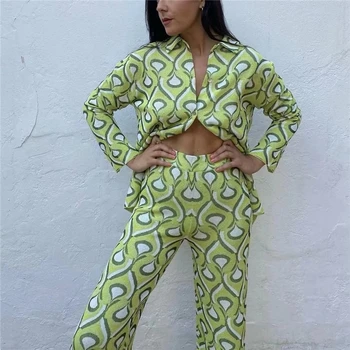 Kadın Pijama Şık Yeşil Geometrik Baskı Vintage Geniş Bacak Pantolon Yüksek Bel Uzun Kollu 2 adet Şık Kadın Pijama Setleri 