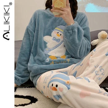 Kadınlar Kış sıcak Pazen Pijama Setleri Kalın Polar Astarlı Karikatür Pijama Kabarık Kadife Pijama Seti Soğuk Hava İçin