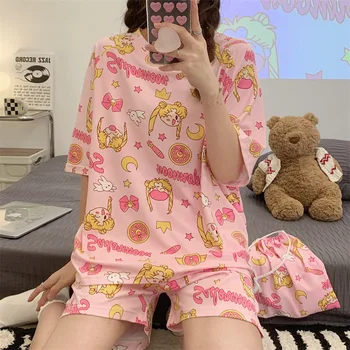 Kawaii Pijama Bayan Pijama Seti Yaz 2 Adet Gecelik Anime Pijama Harajuku Gecelik saklama çantası Hediye Roomwear Takım Elbise