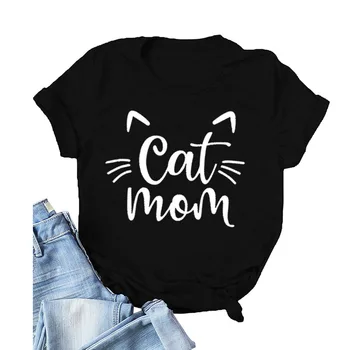 Kedi Anne Canlı Mektup Baskı Kadın T Shirt Kısa Kollu O Boyun Gevşek Kadın Tişört Bayanlar Tee Gömlek Tops Giysileri Camisetas Mujer