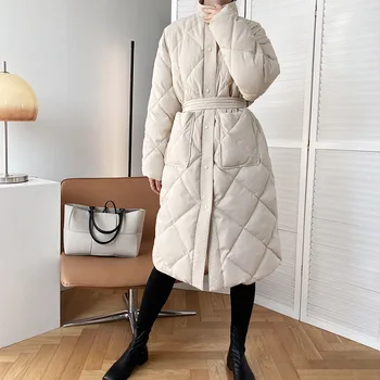 Kış 2022 Yeni Lingge Pamuk kapitone ceket kadın Diz kore tarzı ceket Uzun Ekmek Ceket Büyük Boy balon ceket Kemer İle