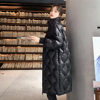 Kış Parlak Parkas Kadın Kore Standı yaka Pamuk Yastıklı Kadın Ceket Sıcak Kalın Uzun Dış Giyim Siyah Gevşek Rahat Ceket Kadın