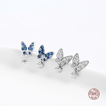 LKO GERÇEK S925 gümüş Saplama Küpe Yüksek Kalite Kadın moda takı Yeni Kelebek Mavi Zirkon Sıcak Satış Küpe
