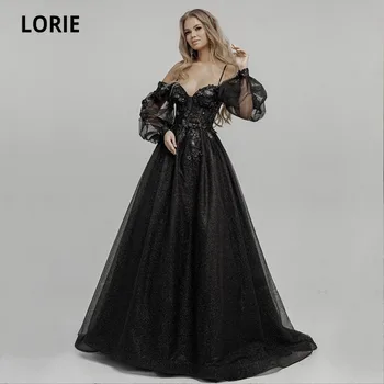 LORIE Siyah Glitter Gelinlik Puf Kollu Uzun Spagetti Kayışı Dantel ve Çiçekler Boho gelin kıyafeti 2021 vestidos de novia