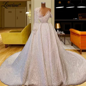 Lowime Arapça Müslüman uzun kollu Gelinlik İnciler Boncuklu Dubai Pullu A-Line gelinlikler 2022 Couture Gelin düğün elbisesi