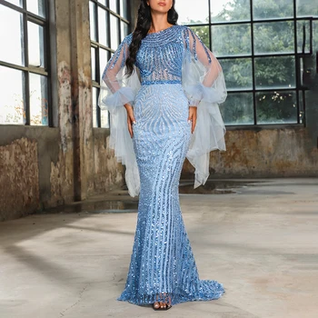 Lüks El Yapımı Boncuklu Mermaid gece elbisesi O-Boyun Tül Flared Uzun Kollu Mütevazı Zarif Kadınlar Örgün Parti Elbise İçin Couture
