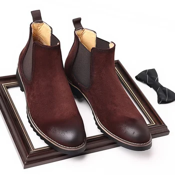 Lüks İngiliz günlük erkek ayakkabısı İnek Süet Yüksek Kalite Vintage yarım çizmeler Açık Çalışma Çöl Chelsea Çizmeler Kış Sıcak Peluş