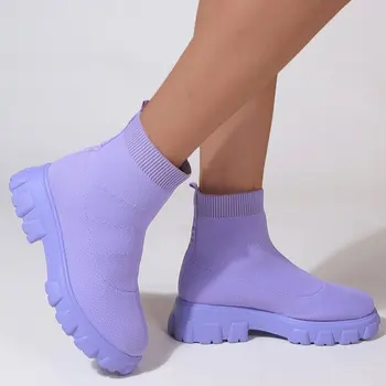 Marka Kadın yarım çizmeler Hafif rahat ayakkabılar Kadınlar için Kama Moda Çorap Çizmeler Örgü Kış Orta Tüp Platformu Çizme