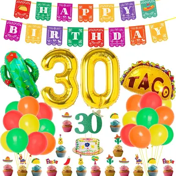 Meksika 30th Doğum Günü Partisi Süslemeleri Mutlu Doğum Günü Afiş Taco Kaktüs Folyo balon Meksika Tema Otuz Doğum Günü Partisi